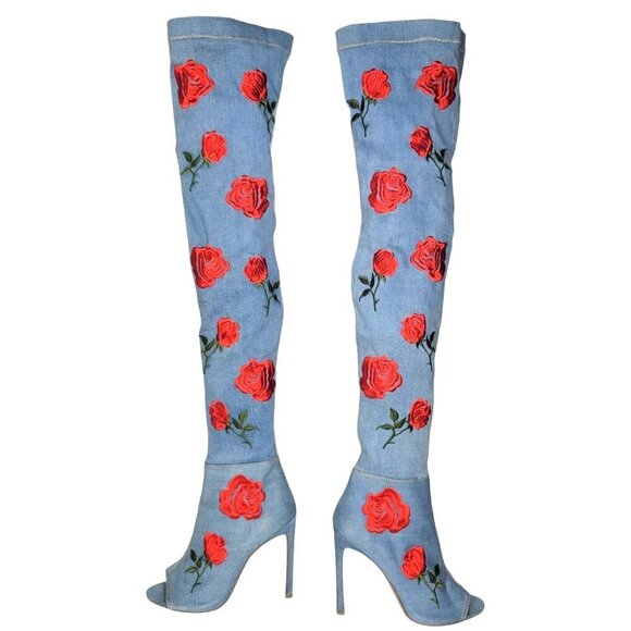 AKIRA Shoes - Akira Floral Embroidered Boots Sz 6.5 Thigh High Denim Peep Toe Stiletto 4.5"